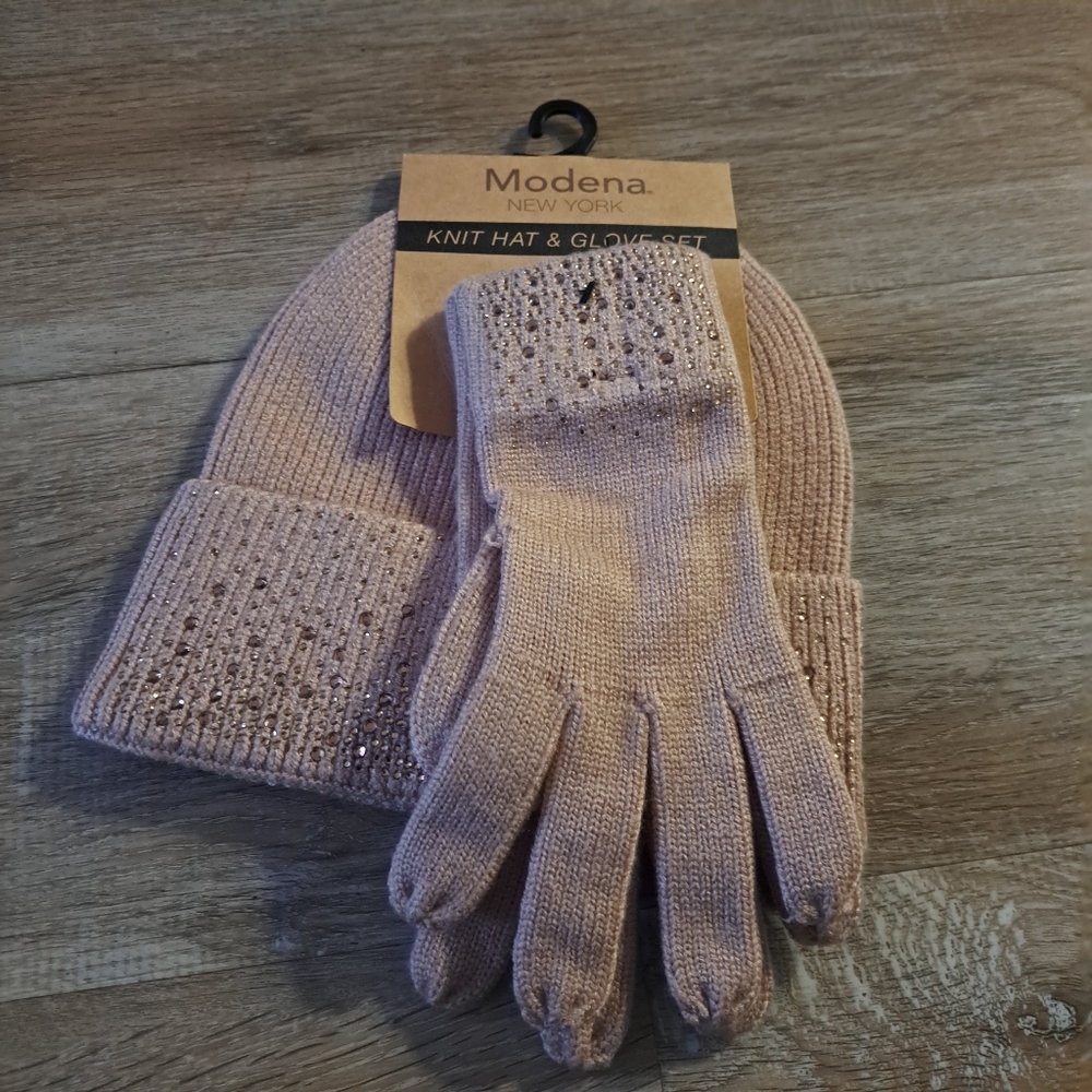 Modena New York Tanish Pink Knit Hat Matching Glove Set Rhinestones NWT
